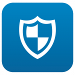 Blue app shaped icon with white shield
