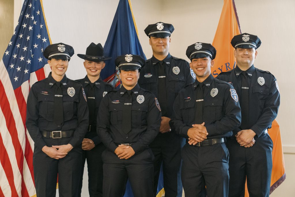 2025 campus peace officer recruits at graduation (Front row, from left: Misty Stephens, Mariyah Byrd and Jesus Gorra; back row, from left: Megan Healey, Brennan Kreis and Matthew Calley)